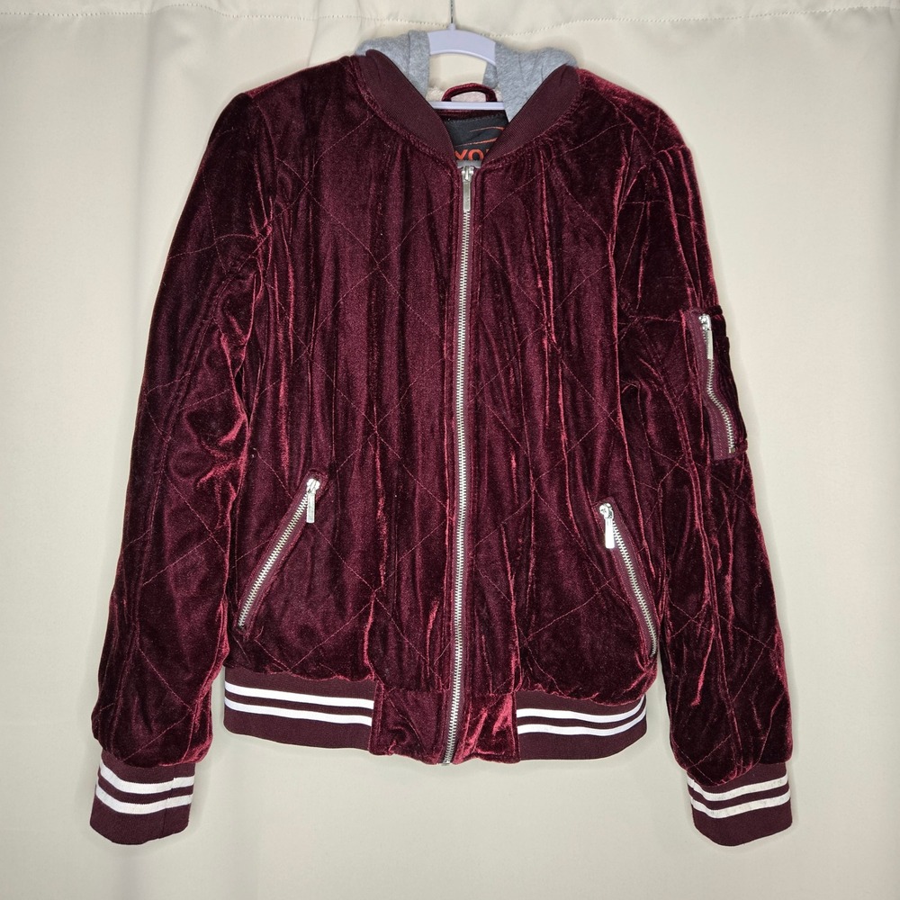 Yoki Burgundy‎ Velvet Quilted Bomber Jacket Hooded Casual Outerwear
